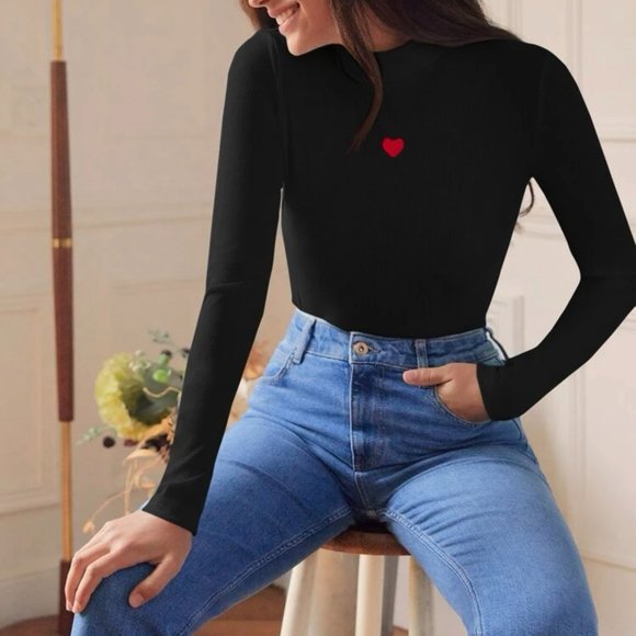 Frenchy Heart Embroidery Mock Neck Tee - Picture 5 of 7